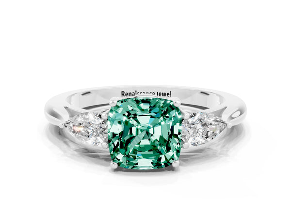 Platinum Three-Stone Cushion Cut Green Sapphire Ring with Pear  Side Stones in Four-Prong Setting