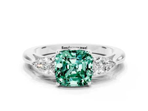 White gold Three-Stone Cushion Cut Cut Diamond Ring with Pear Side Stones in Four-Prong Setting