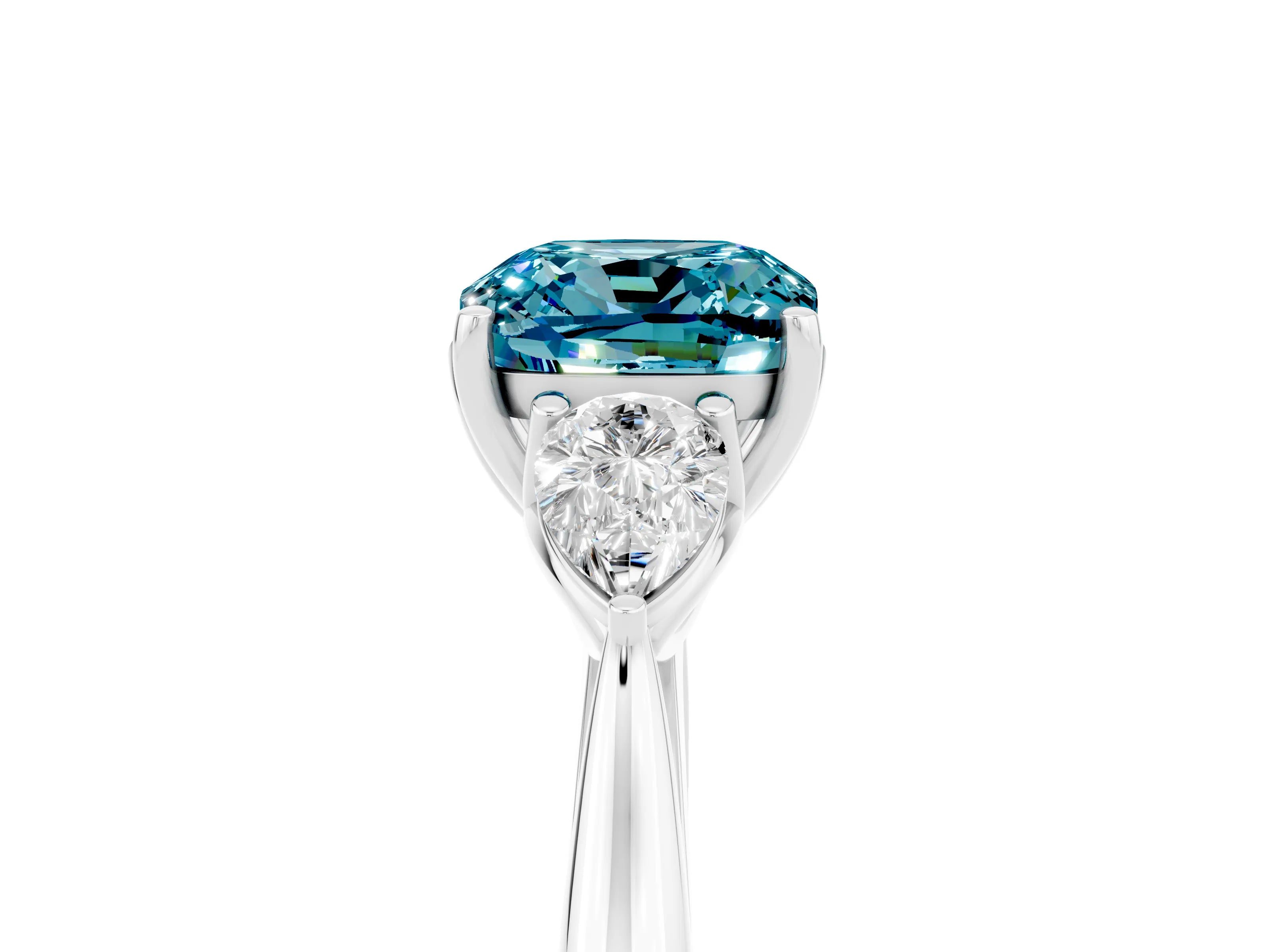 White gold Three-Stone Cushion Cut Cut Diamond Ring with Pear Side Stones in Four-Prong Setting_5