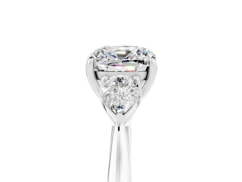 White gold Three-Stone Cushion Cut Cut Diamond Ring with Pear Side Stones in Four-Prong Setting_5