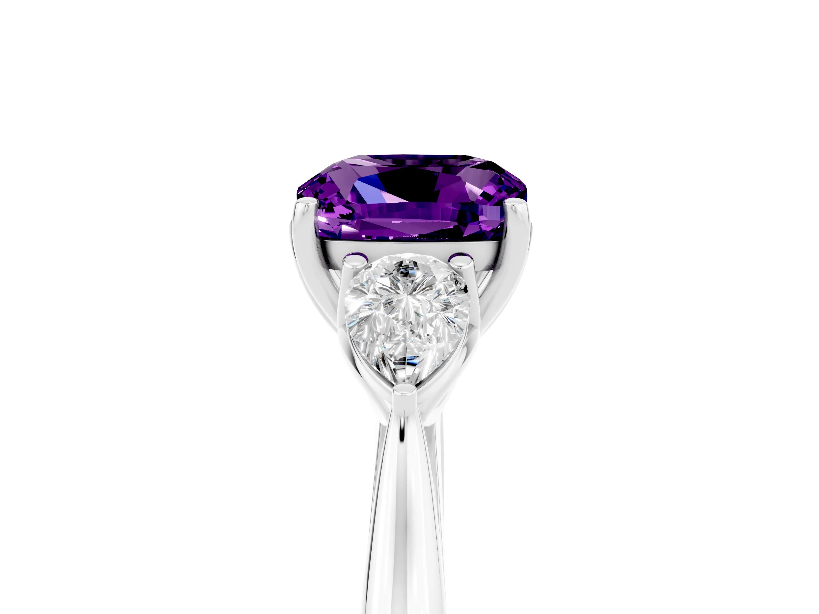 White gold Three-Stone Cushion Cut Cut Diamond Ring with Pear Side Stones in Four-Prong Setting_5