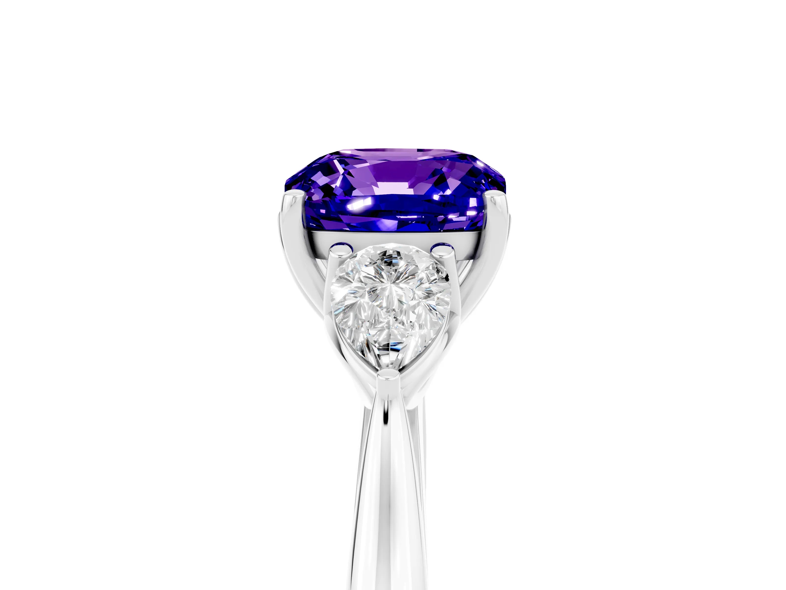 White gold Three-Stone Cushion Cut Cut Diamond Ring with Pear Side Stones in Four-Prong Setting_5
