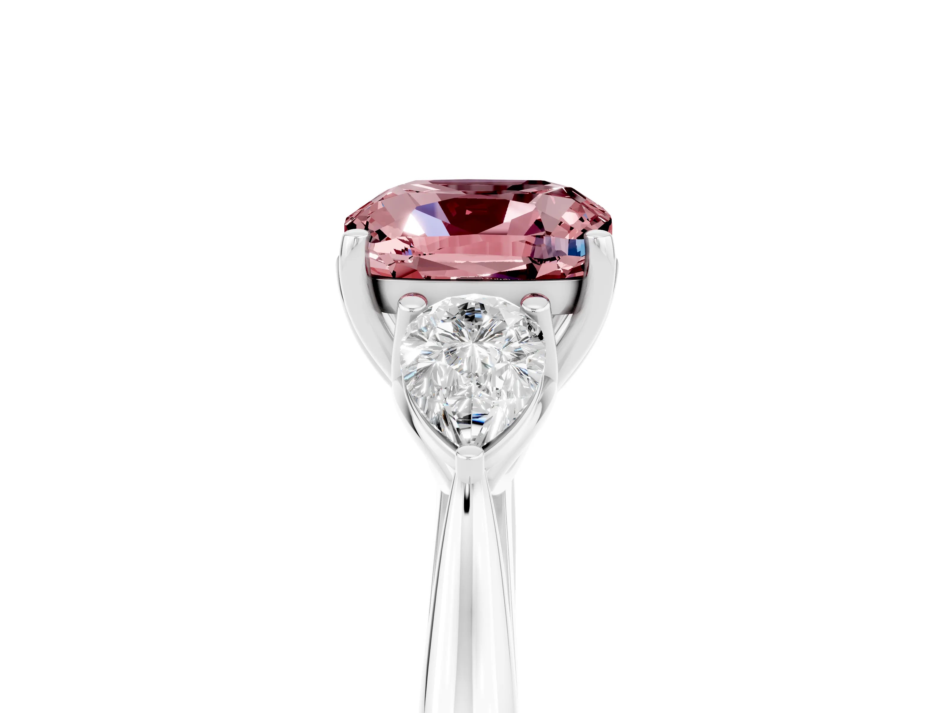 White gold Three-Stone Cushion Cut Cut Diamond Ring with Pear Side Stones in Four-Prong Setting_5