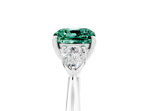 White gold Three-Stone Cushion Cut Cut Diamond Ring with Pear Side Stones in Four-Prong Setting_5