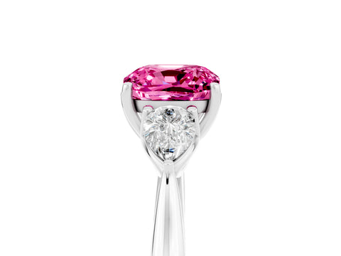 White gold Three-Stone Cushion Cut Cut Diamond Ring with Pear Side Stones in Four-Prong Setting_5