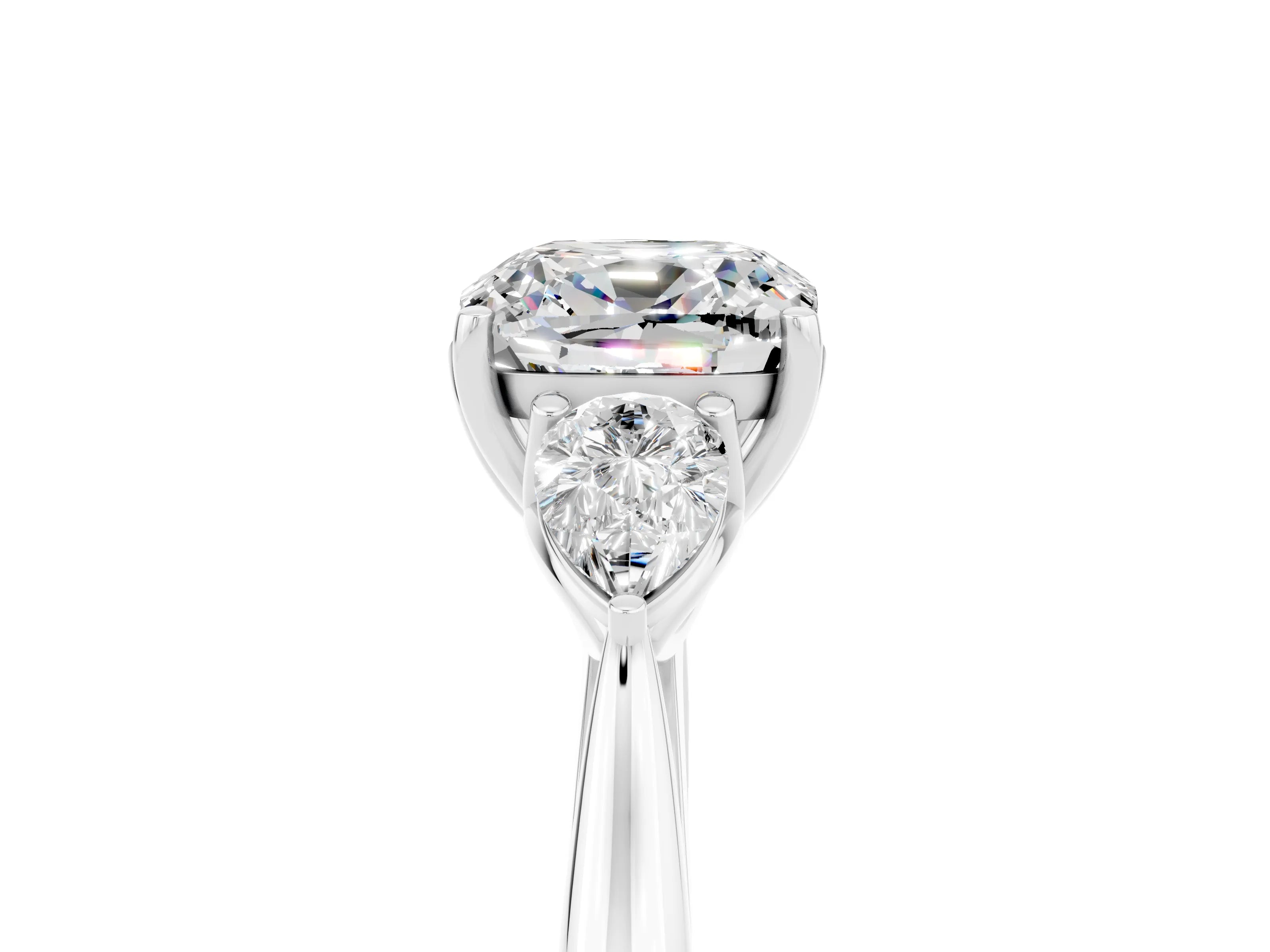 White gold Three-Stone Cushion Cut Cut Diamond Ring with Pear Side Stones in Four-Prong Setting_5