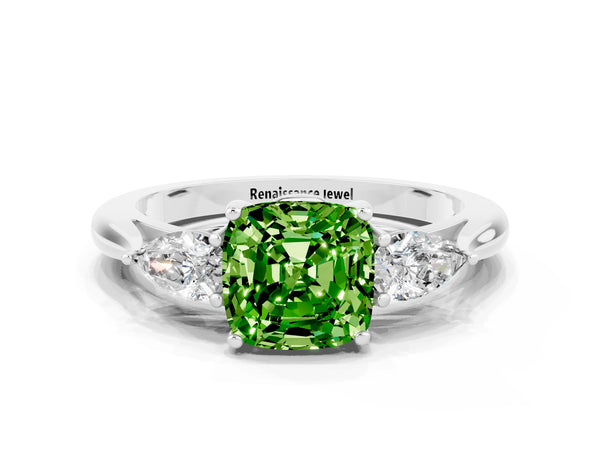 Silver Three-Stone Cushion Cut Cut Diamond Ring with Pear Side Stones in Four-Prong Setting