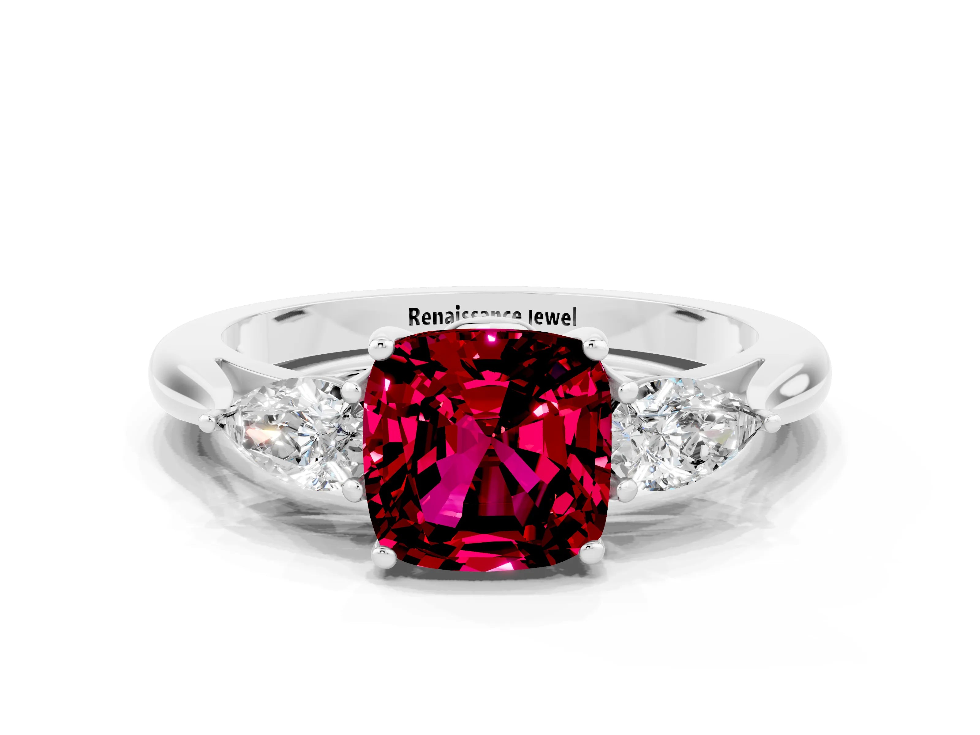 White gold Three-Stone Cushion Cut Cut Diamond Ring with Pear Side Stones in Four-Prong Setting