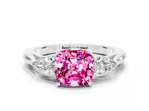 White gold Three-Stone Cushion Cut Cut Diamond Ring with Pear Side Stones in Four-Prong Setting