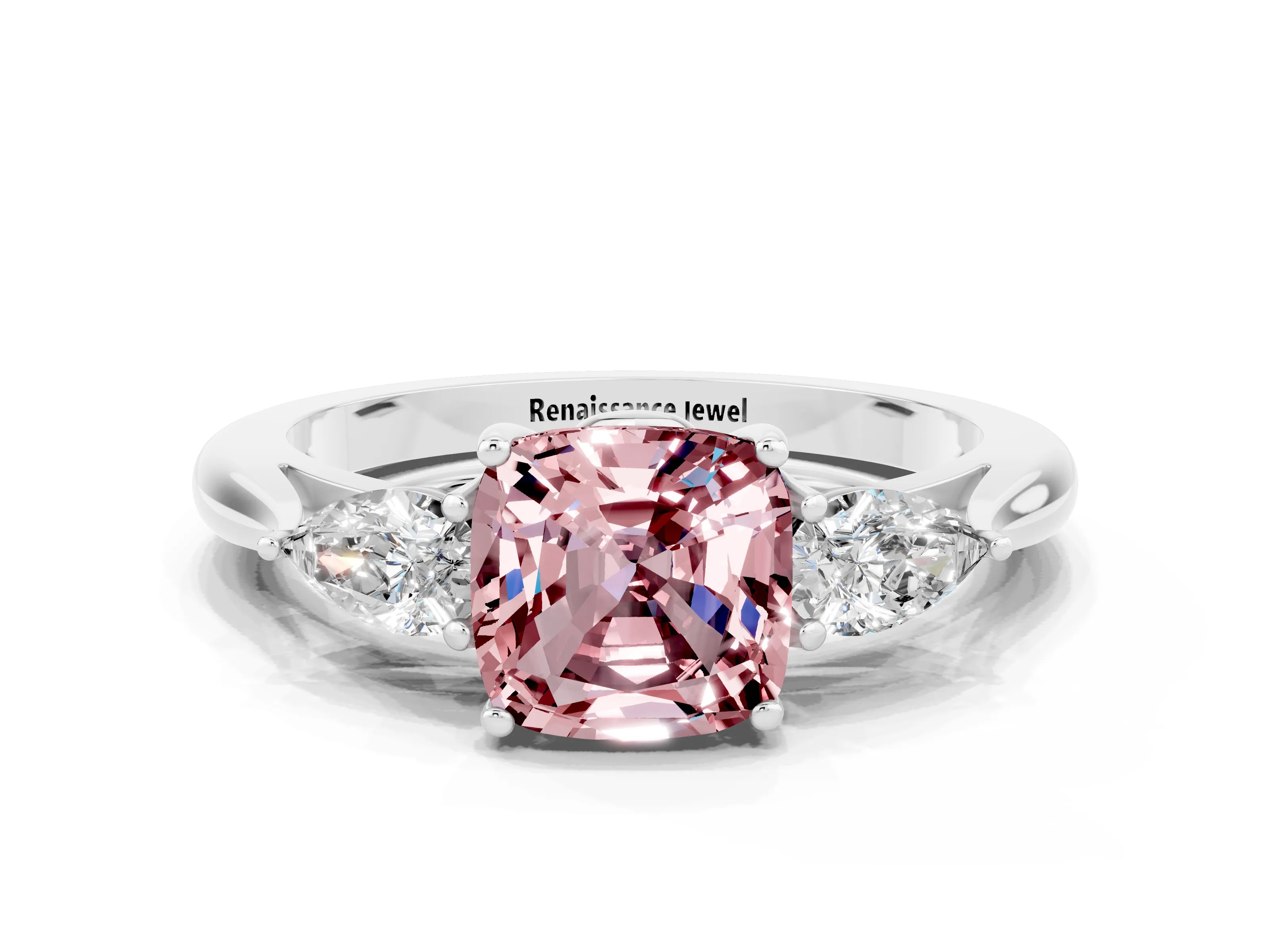 White gold Three-Stone Cushion Cut Cut Diamond Ring with Pear Side Stones in Four-Prong Setting