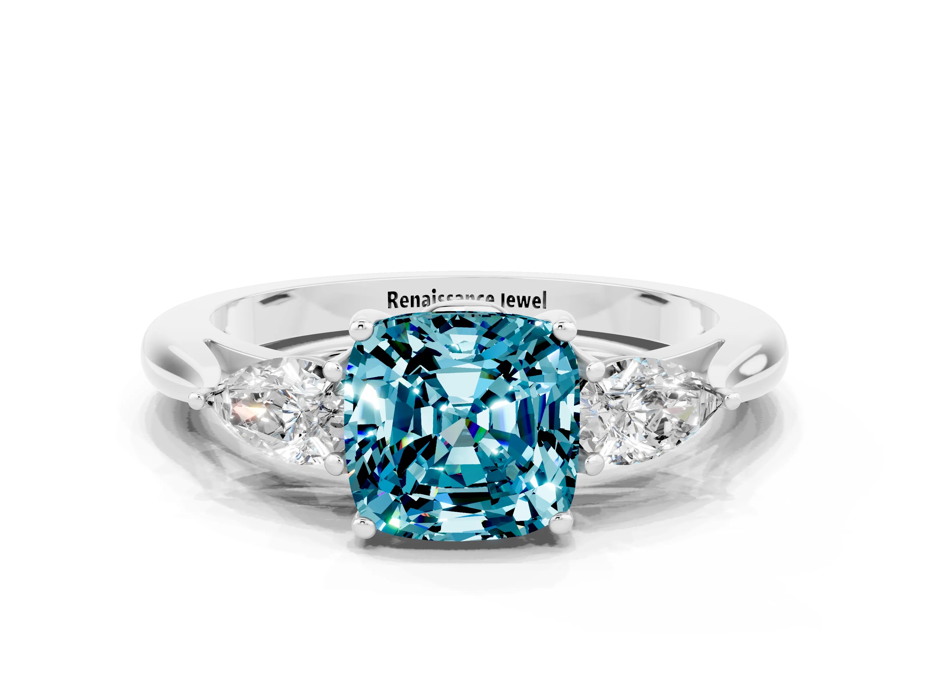 White gold Three-Stone Cushion Cut Cut Diamond Ring with Pear Side Stones in Four-Prong Setting