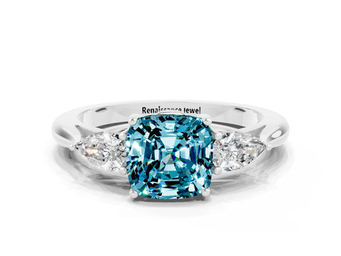 White gold Three-Stone Cushion Cut Cut Diamond Ring with Pear Side Stones in Four-Prong Setting