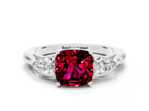 White gold Three-Stone Cushion Cut Cut Diamond Ring with Pear Side Stones in Four-Prong Setting