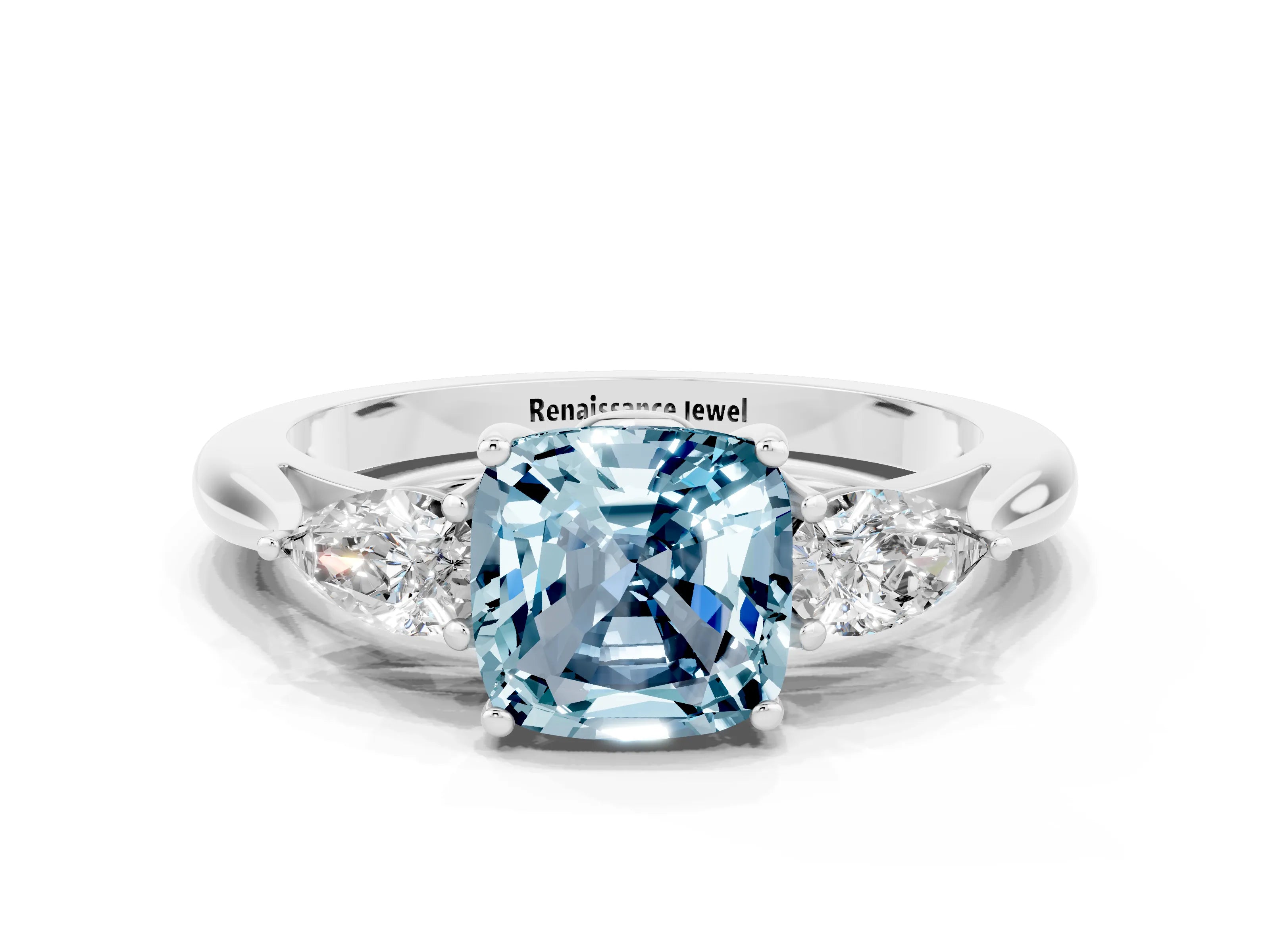White gold Three-Stone Cushion Cut Cut Diamond Ring with Pear Side Stones in Four-Prong Setting