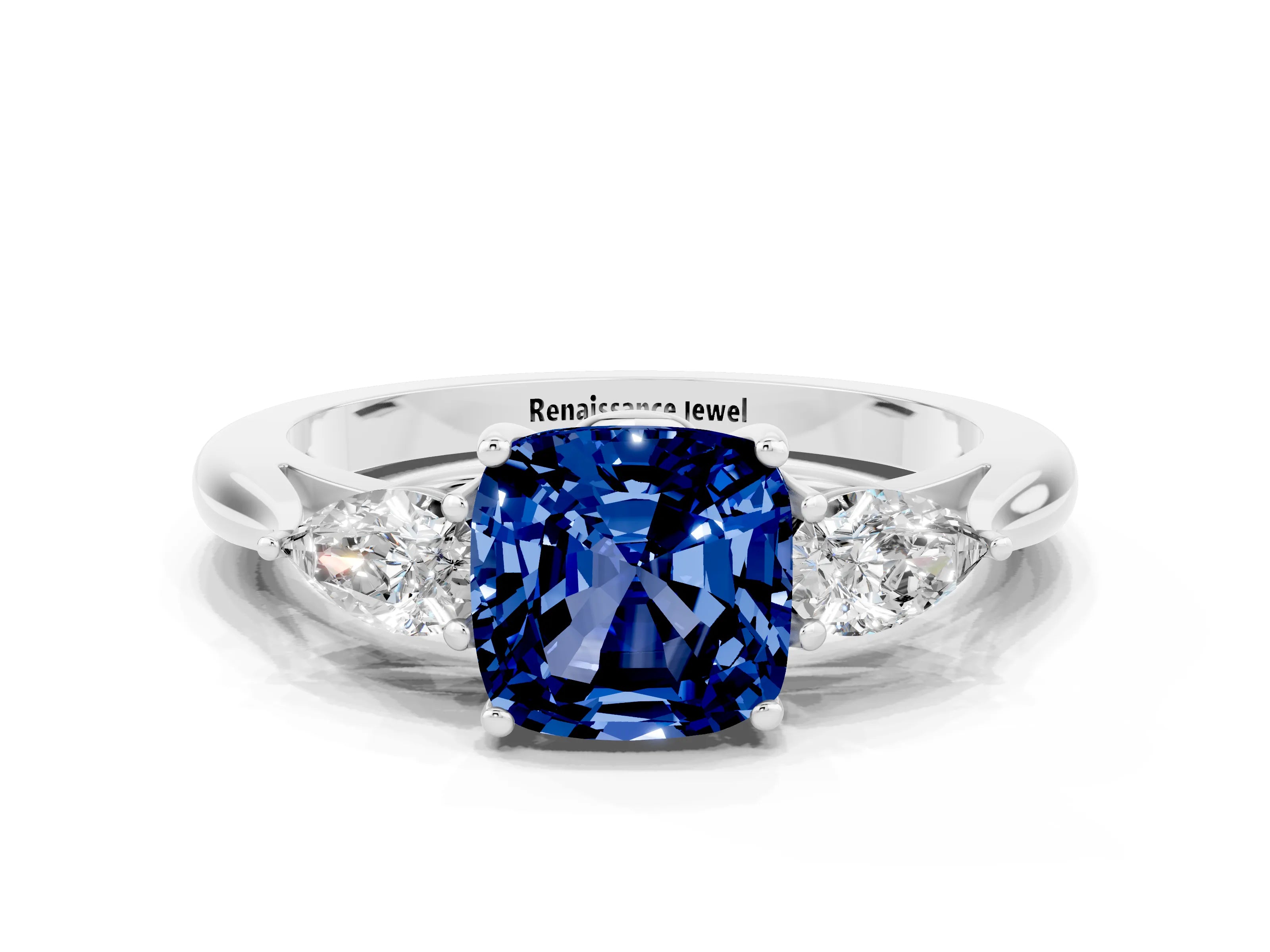White gold Three-Stone Cushion Cut Cut Diamond Ring with Pear Side Stones in Four-Prong Setting