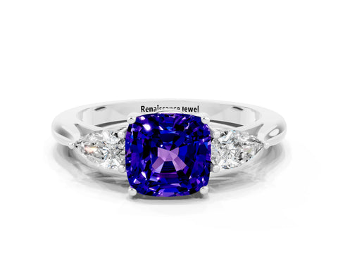 White gold Three-Stone Cushion Cut Cut Diamond Ring with Pear Side Stones in Four-Prong Setting