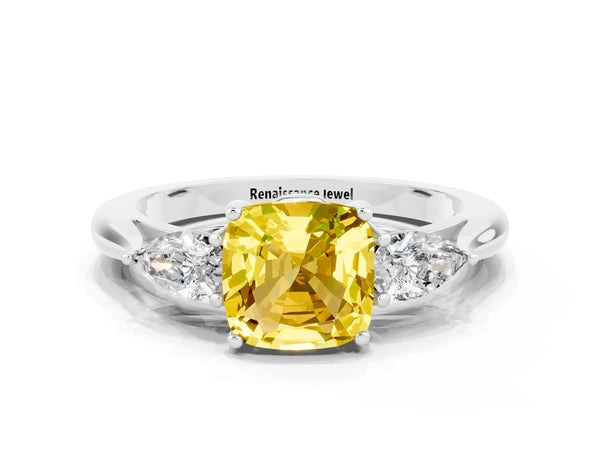 Platinum Three-Stone Cushion Cut Yellow Sapphire Ring with Pear  Side Stones in Four-Prong Setting