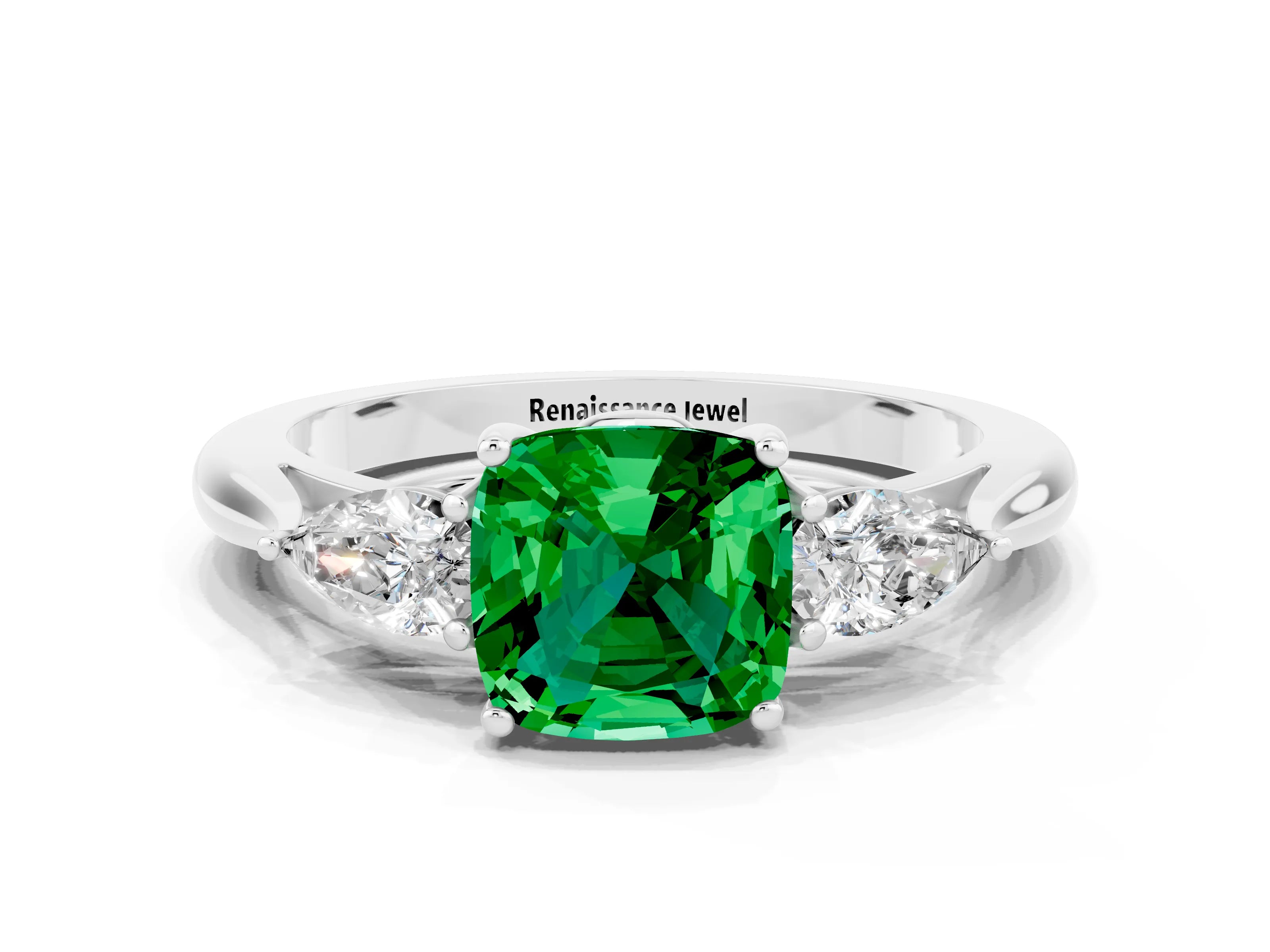 White gold Three-Stone Cushion Cut Cut Diamond Ring with Pear Side Stones in Four-Prong Setting
