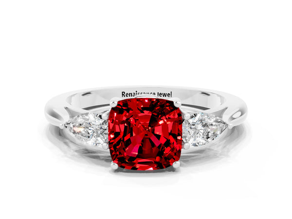 Silver Three-Stone Cushion Cut Cut Diamond Ring with Pear Side Stones in Four-Prong Setting