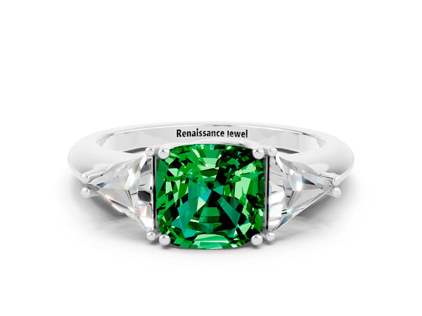 Platinum Three-Stone Cushion Cut Emerald Engagement Ring with Trillion Side Stones and Prong Setting