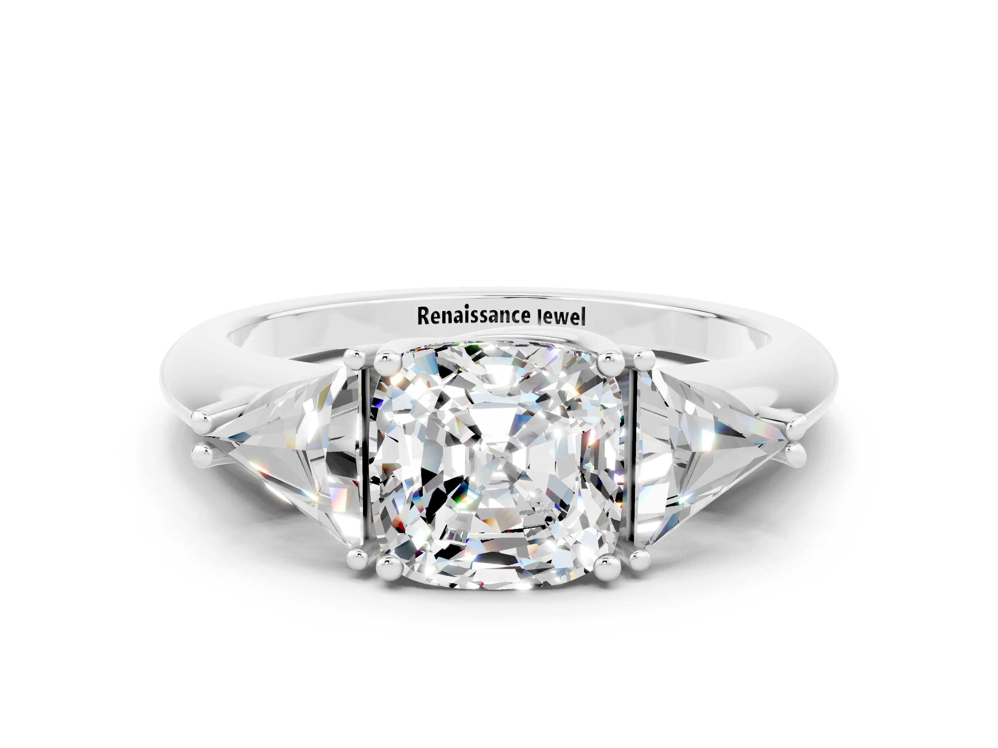White gold Three-Stone Cushion Cut Cut Diamond Ring with Trillion Side Stones and Four-Prong Setting