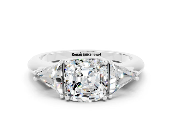 Platinum Three-Stone Cushion Cut Moissanite Engagement Ring with Trillion Side Stones and Prong Setting