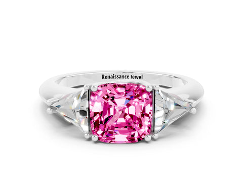 White gold Three-Stone Cushion Cut Cut Diamond Ring with Trillion Side Stones and Four-Prong Setting