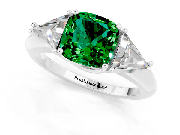 Platinum Three-Stone Cushion Cut Emerald Engagement Ring with Trillion Side Stones and Prong Setting