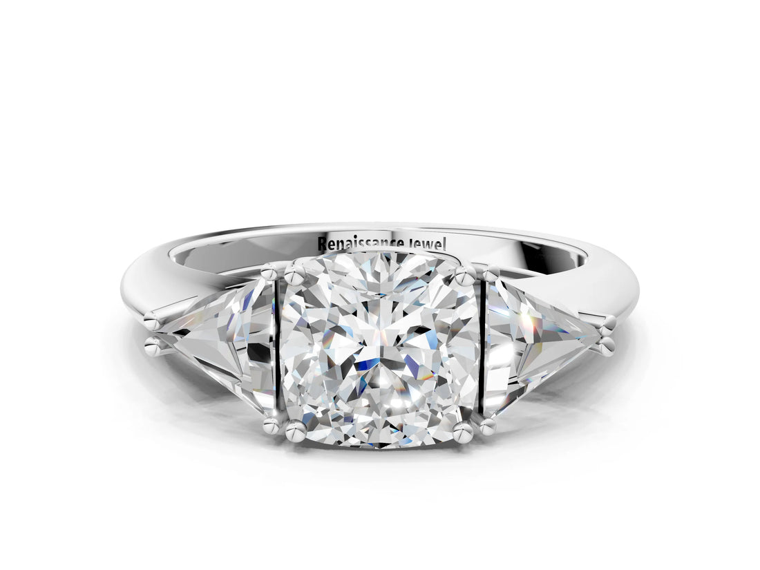 White gold Three-Stone Cushion Cut Cut Diamond Ring with Trillion Side Stones and Four-Prong Setting_15
