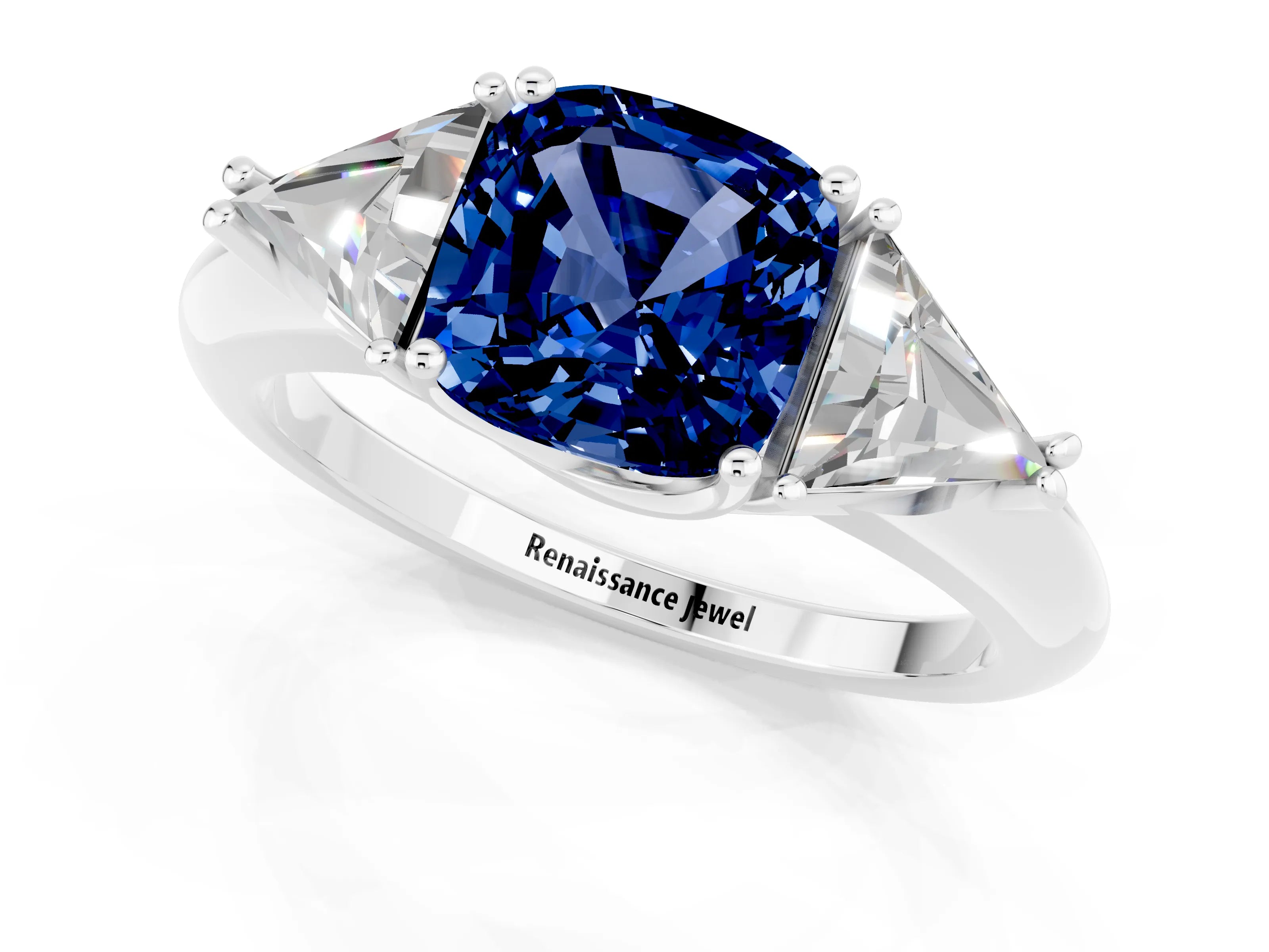 White gold Three-Stone Cushion Cut Cut Diamond Ring with Trillion Side Stones and Four-Prong Setting_1