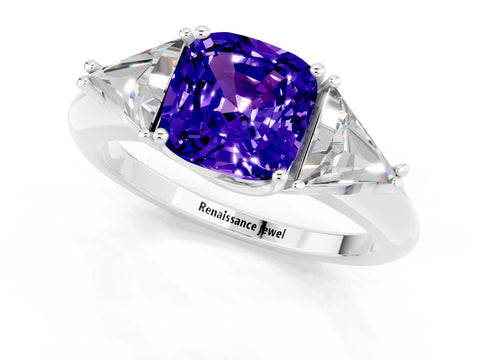 White gold Three-Stone Cushion Cut Cut Diamond Ring with Trillion Side Stones and Four-Prong Setting_1