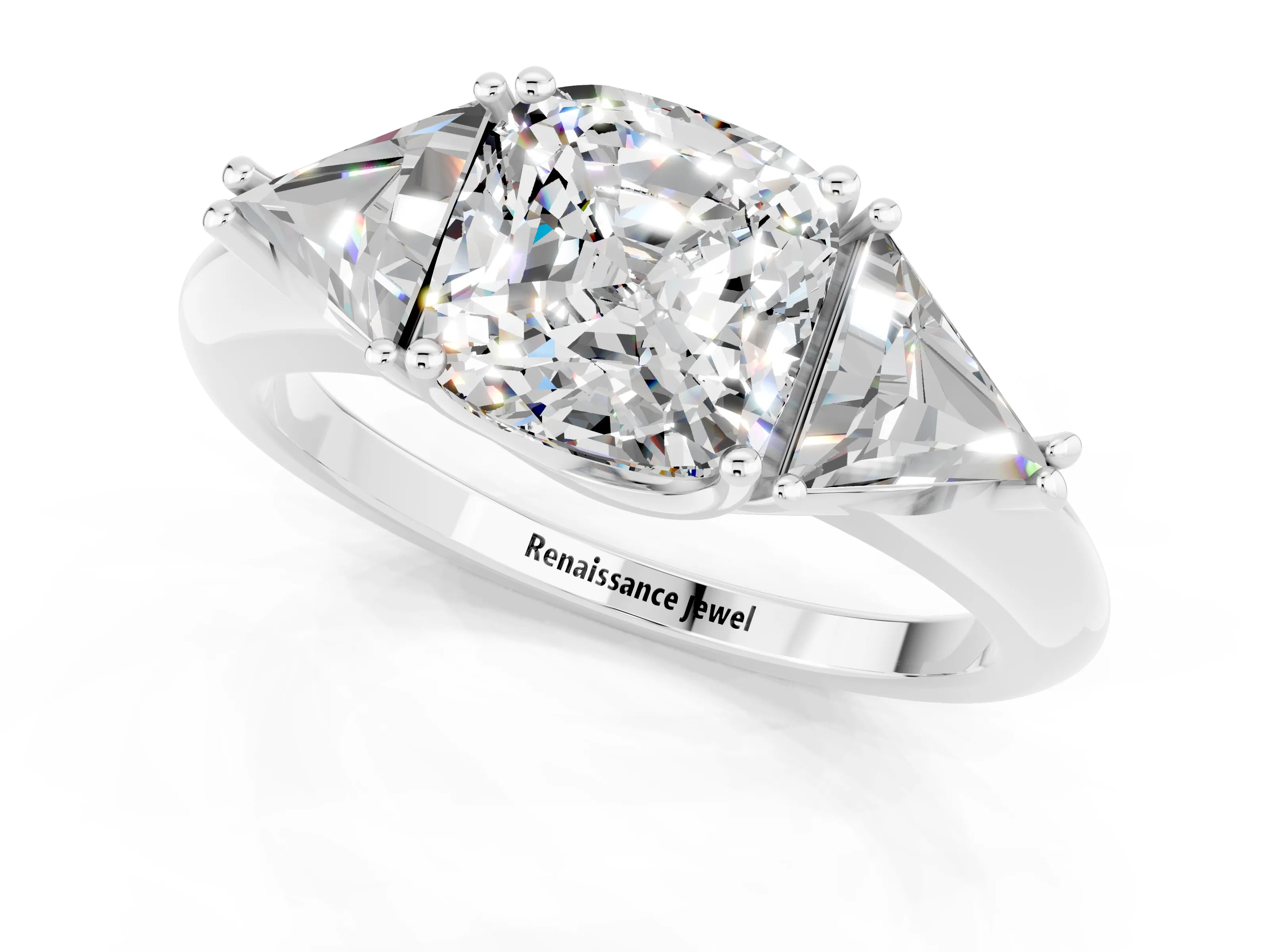 White gold Three-Stone Cushion Cut Cut Diamond Ring with Trillion Side Stones and Four-Prong Setting_1