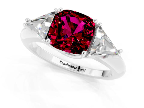 White gold Three-Stone Cushion Cut Cut Diamond Ring with Trillion Side Stones and Four-Prong Setting_1