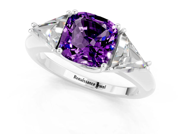 White gold Three-Stone Cushion Cut Amethyst Engagement Ring with Trillion Side Stones and Prong Setting