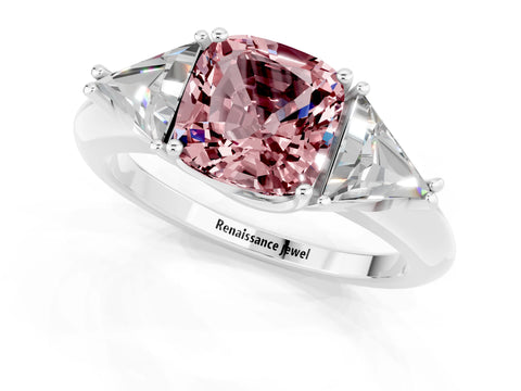 White gold Three-Stone Cushion Cut Cut Diamond Ring with Trillion Side Stones and Four-Prong Setting_1