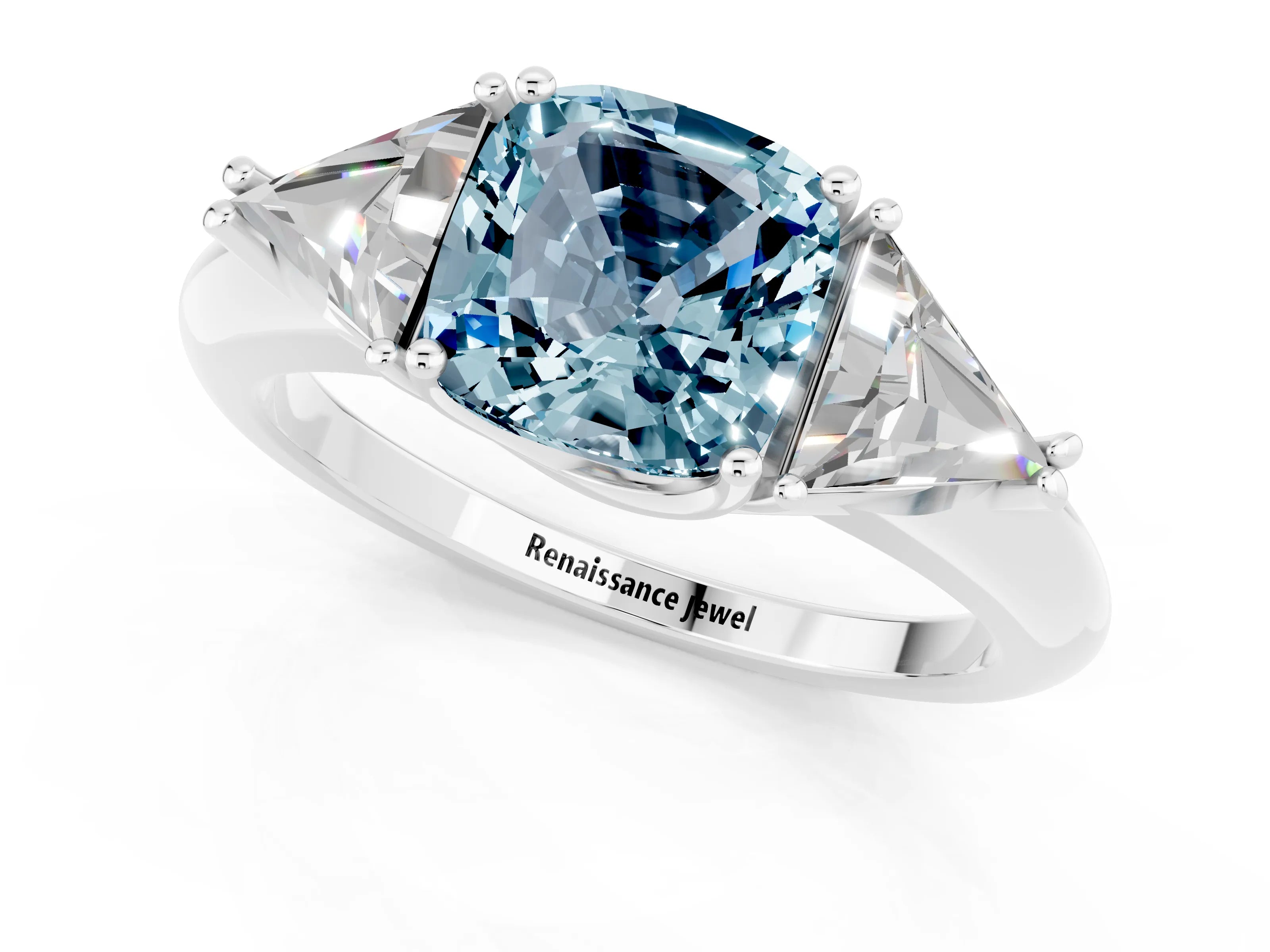 White gold Three-Stone Cushion Cut Cut Diamond Ring with Trillion Side Stones and Four-Prong Setting_1