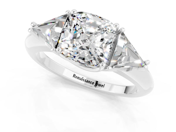 Silver Three-Stone Cushion Cut Moissanite Engagement Ring with Trillion Side Stones and Prong Setting