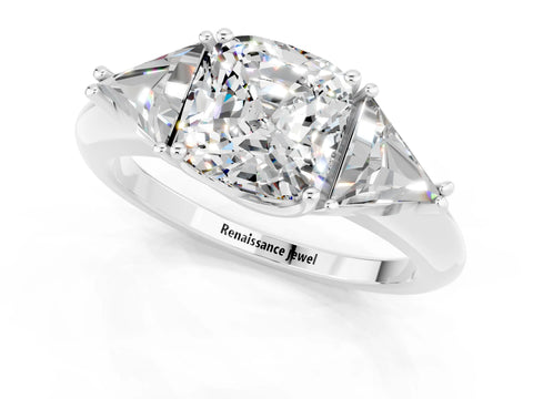 White gold Three-Stone Cushion Cut Cut Diamond Ring with Trillion Side Stones and Four-Prong Setting_1