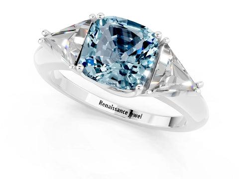 White gold Three-Stone Cushion Cut Cut Diamond Ring with Trillion Side Stones and Four-Prong Setting_1