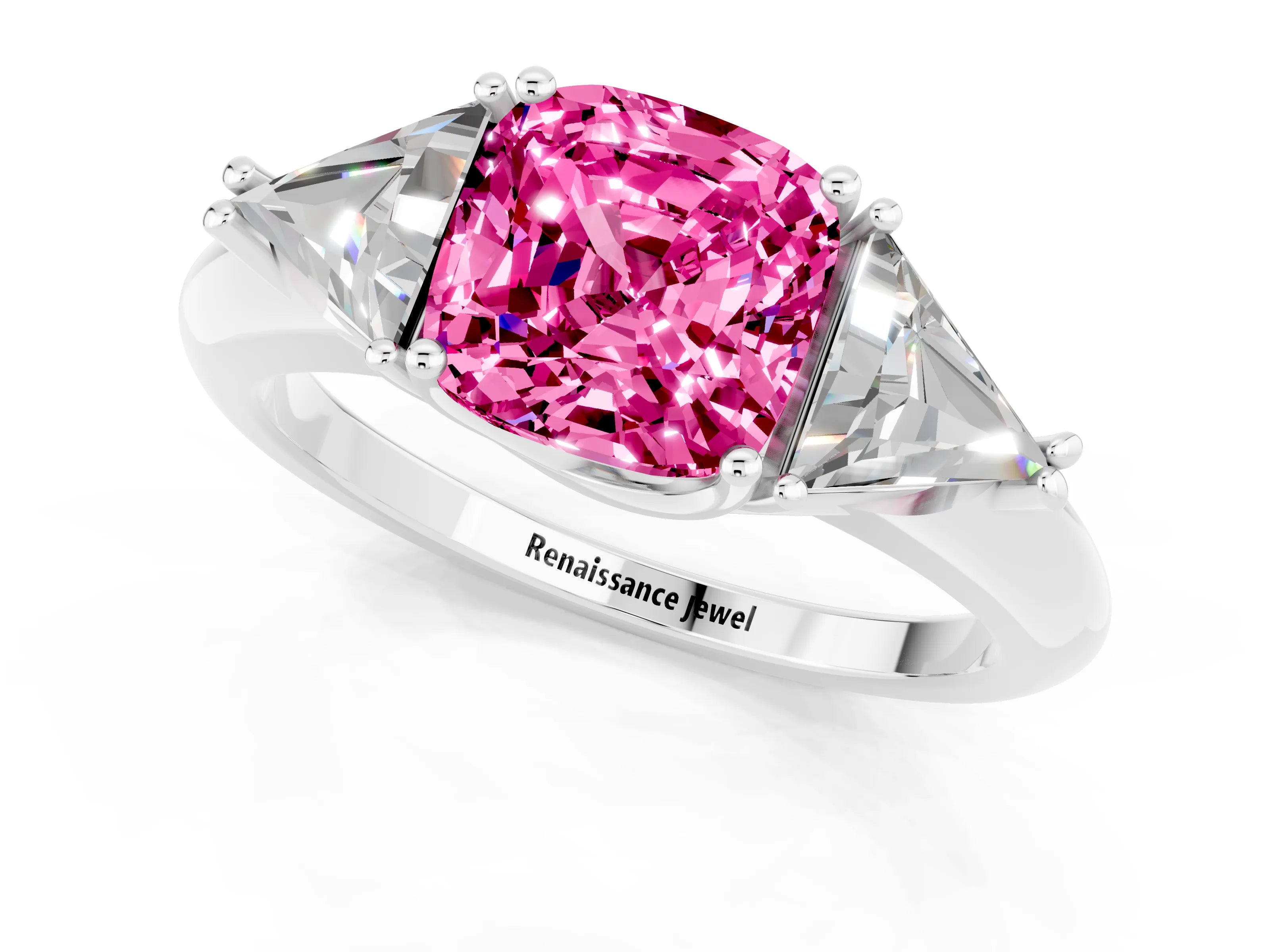 White gold Three-Stone Cushion Cut Cut Diamond Ring with Trillion Side Stones and Four-Prong Setting_1