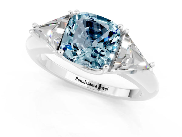 Platinum Three-Stone Cushion Cut Cut Diamond Ring with Trillion Side Stones and Four-Prong Setting