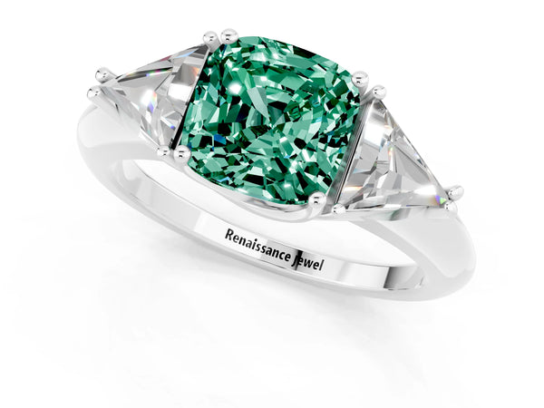 Platinum Three-Stone Cushion Cut Green Sapphire Engagement Ring with Trillion Side Stones and Prong Setting