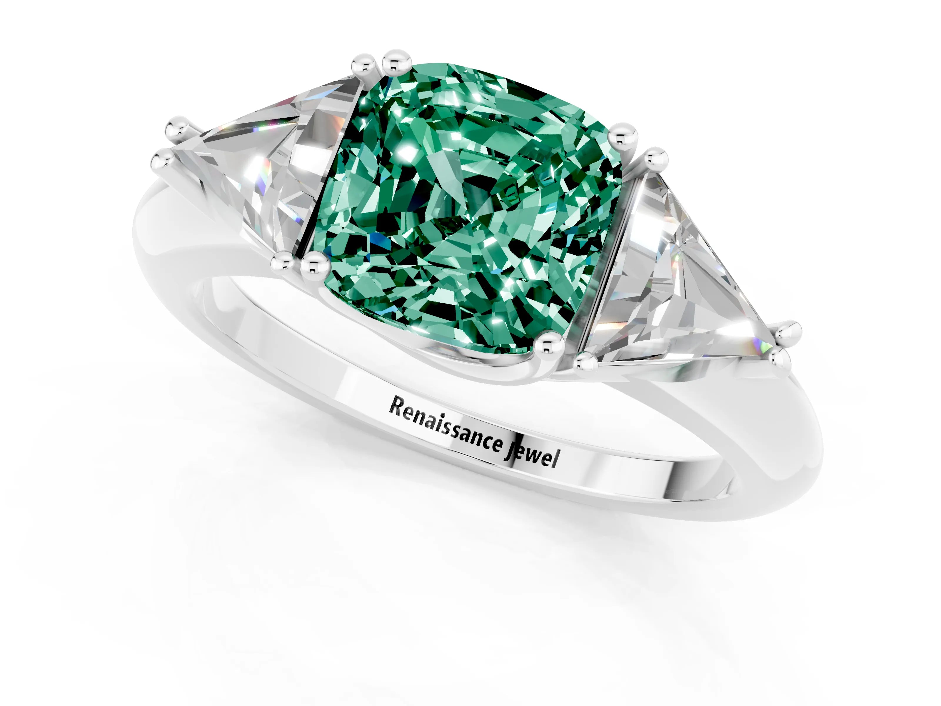 White gold Three-Stone Cushion Cut Cut Diamond Ring with Trillion Side Stones and Four-Prong Setting_1