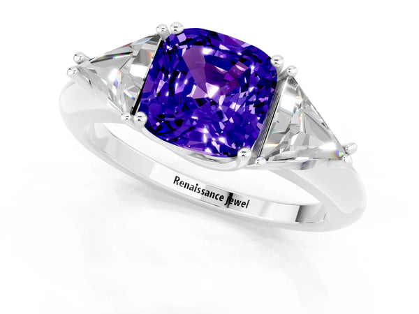 White gold Three-Stone Cushion Cut Tanzanite Engagement Ring with Trillion Side Stones and Prong Setting