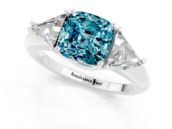 White gold Three-Stone Cushion Cut Cut Diamond Ring with Trillion Side Stones and Four-Prong Setting