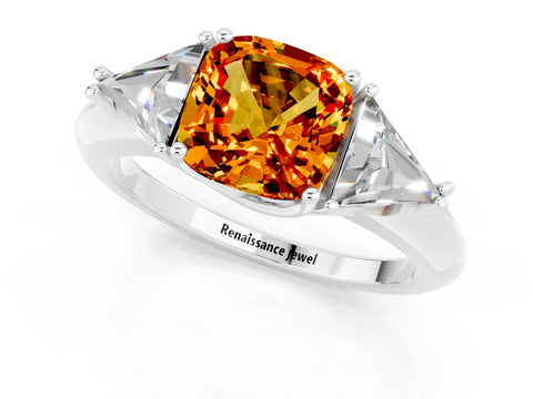 White gold Three-Stone Cushion Cut Cut Diamond Ring with Trillion Side Stones and Four-Prong Setting_1