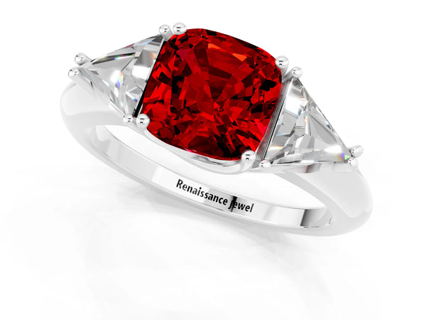 Platinum Three-Stone Cushion Cut Cut Diamond Ring with Trillion Side Stones and Four-Prong Setting
