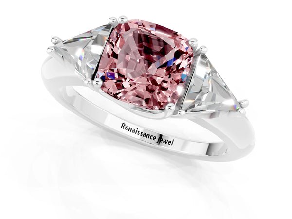 Silver Three-Stone Cushion Cut Cut Diamond Ring with Trillion Side Stones and Four-Prong Setting