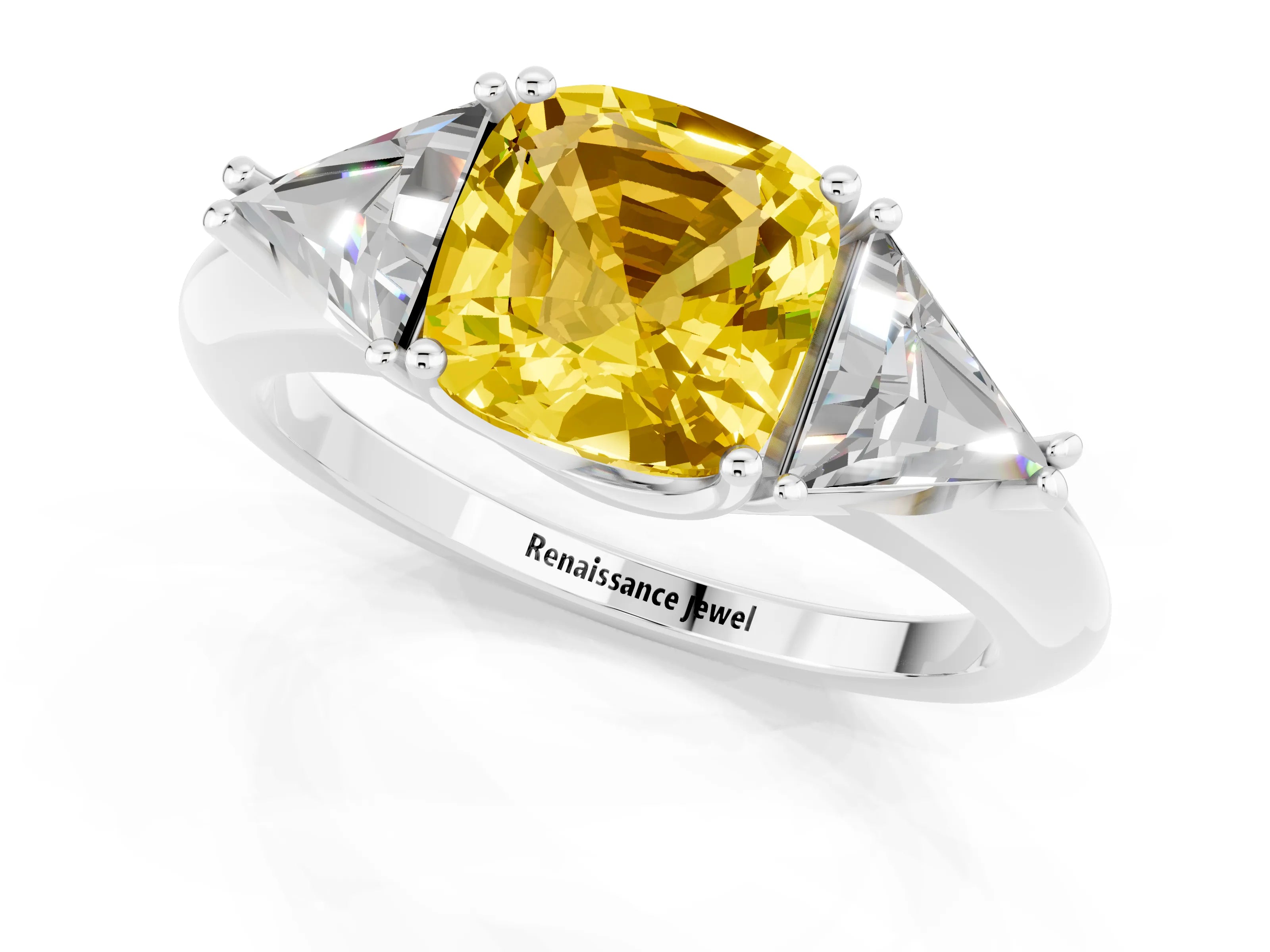White gold Three-Stone Cushion Cut Cut Diamond Ring with Trillion Side Stones and Four-Prong Setting_1