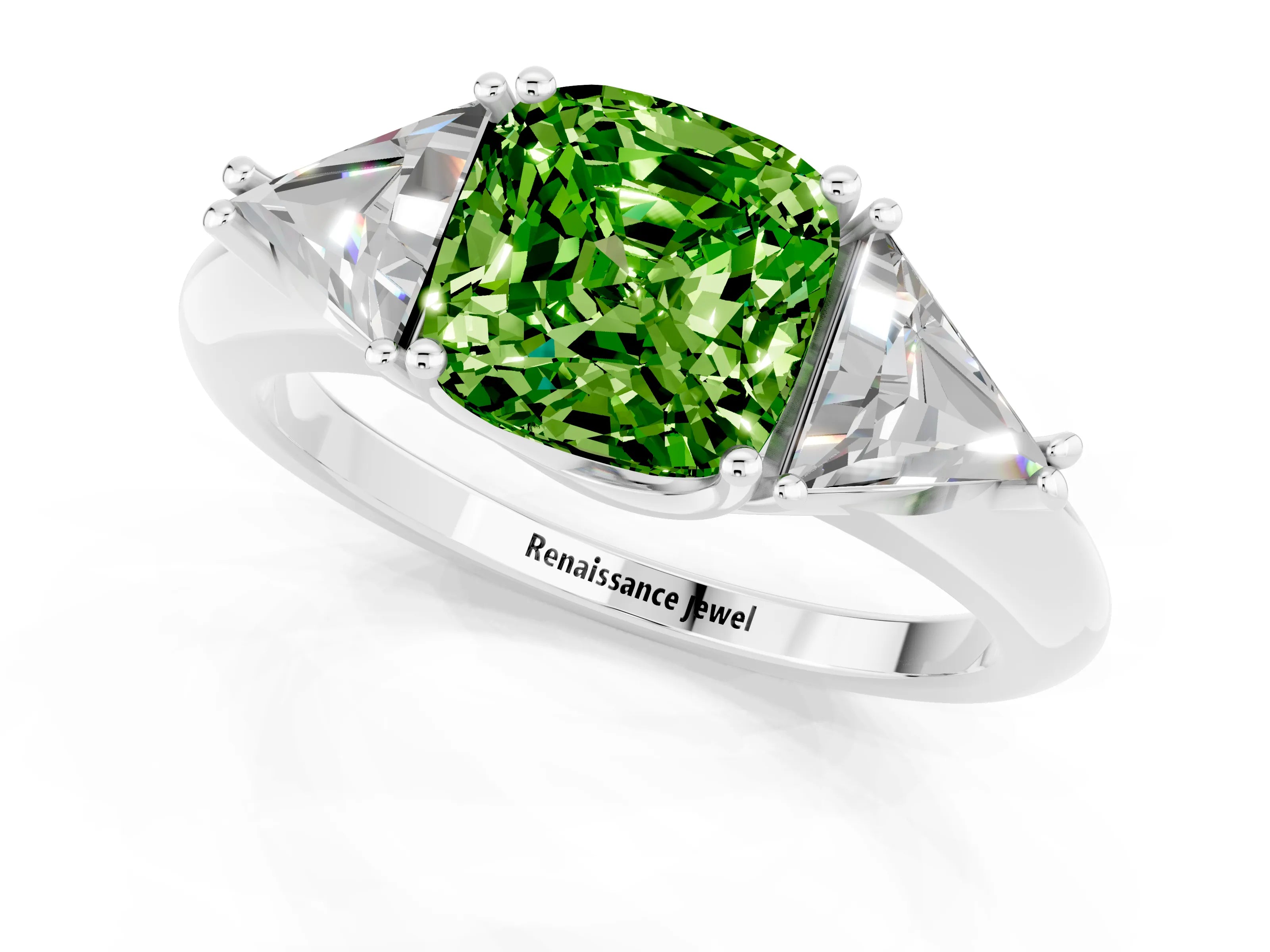 White gold Three-Stone Cushion Cut Cut Diamond Ring with Trillion Side Stones and Four-Prong Setting_1